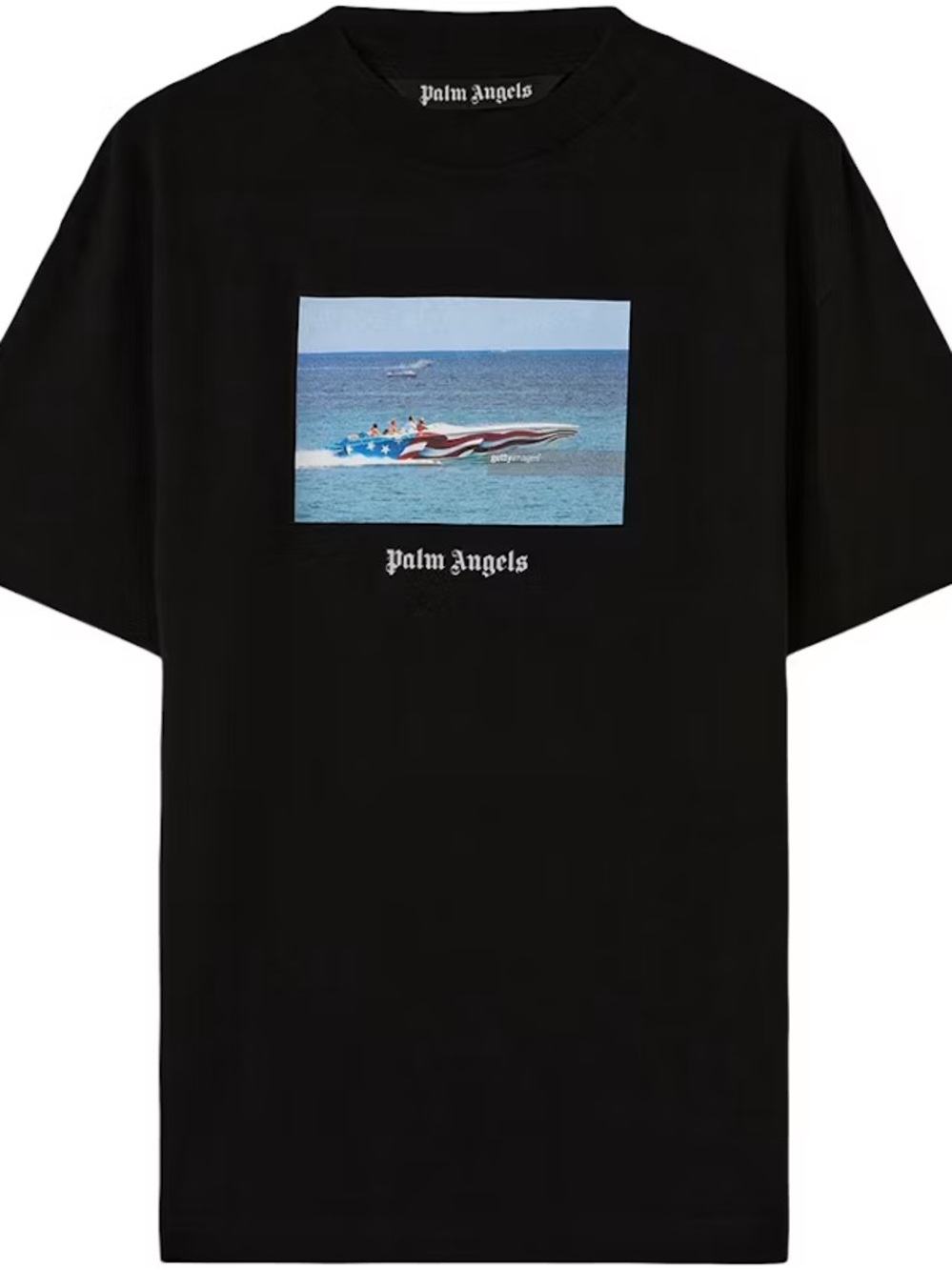 Palm Angels Black Tee with Blue Ocean Boat Graphic